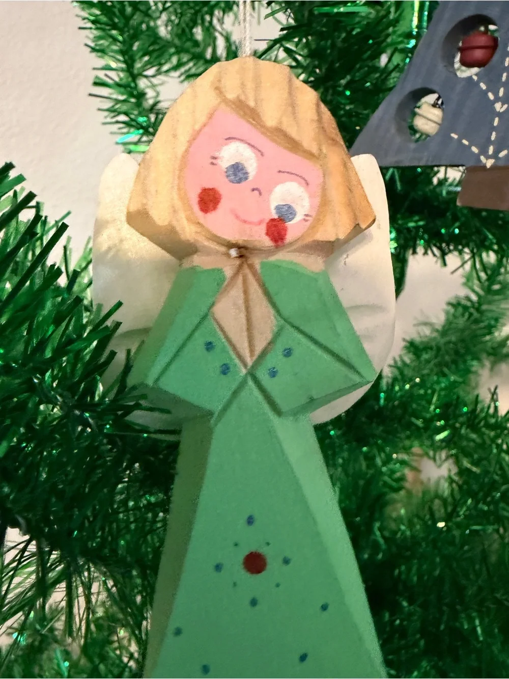 Angels & Bell Tree Christmas Bauble Ornaments Wood Set Of 3 Multicolor Hanging